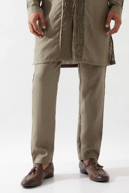 Son Of A Noble Snob Olive Green Linen Embroidery Slim Fit Kurta And Trouser Set at Aza Fashions Son Of A Noble Snob_Olive Green Linen Embroidery Slim Fit Kurta And Trouser Set _at_Aza_Fashions