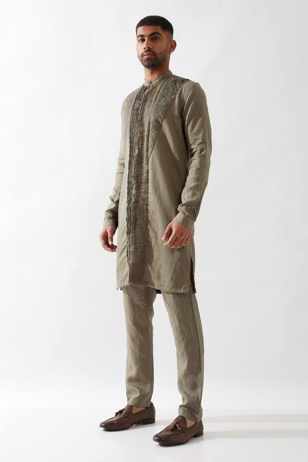 Buy Son Of A Noble Snob Olive Green Linen Embroidery Slim Fit Kurta And Trouser Set Buy_Son Of A Noble Snob_Olive Green Linen Embroidery Slim Fit Kurta And Trouser Set
