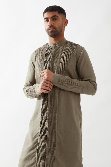 Shop Son Of A Noble Snob Olive Green Linen Embroidery Slim Fit Kurta And Trouser Set Shop_Son Of A Noble Snob_Olive Green Linen Embroidery Slim Fit Kurta And Trouser Set