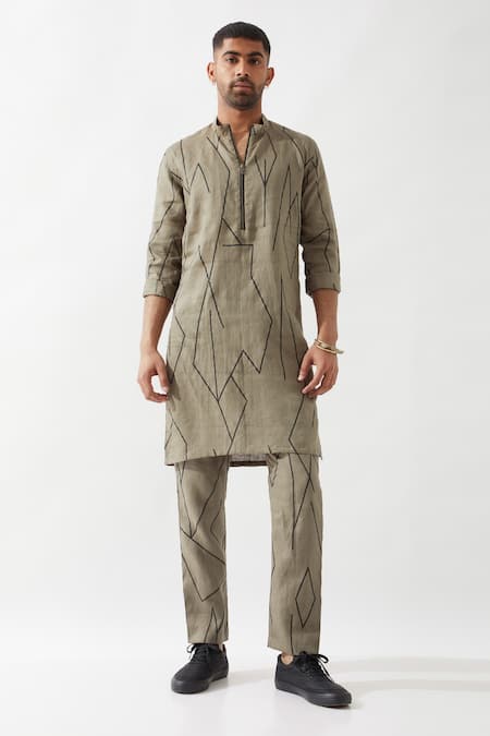 Son Of A Noble Snob_Olive Green Linen Printed Slim Fit Kurta Set _Online_at_Aza_Fashions
