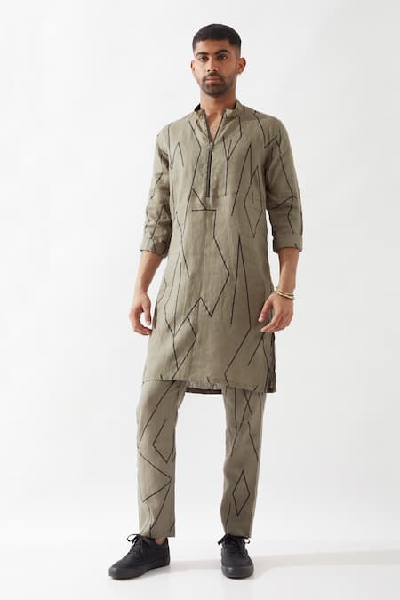 Buy_Son Of A Noble Snob_Olive Green Linen Printed Slim Fit Kurta Set _Online_at_Aza_Fashions