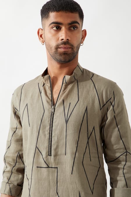 Shop_Son Of A Noble Snob_Olive Green Linen Printed Slim Fit Kurta Set _Online_at_Aza_Fashions