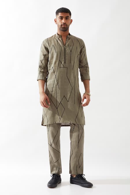 Son Of A Noble Snob_Olive Green Linen Printed Slim Fit Kurta Set _at_Aza_Fashions
