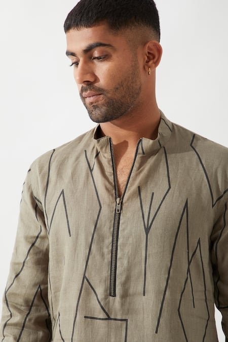 Buy_Son Of A Noble Snob_Olive Green Linen Printed Slim Fit Kurta Set 