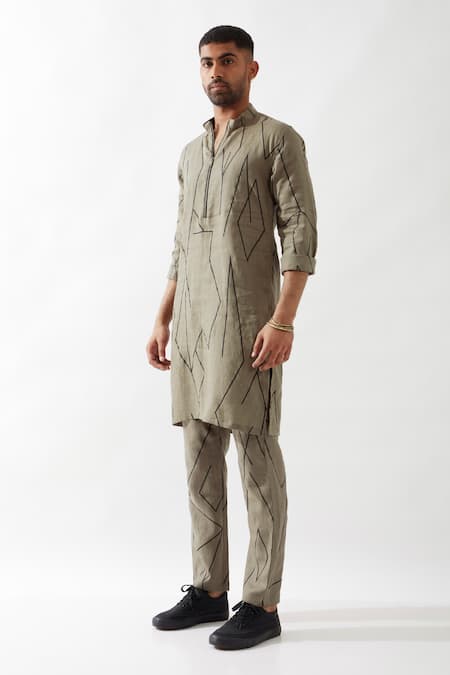 Shop_Son Of A Noble Snob_Olive Green Linen Printed Slim Fit Kurta Set 