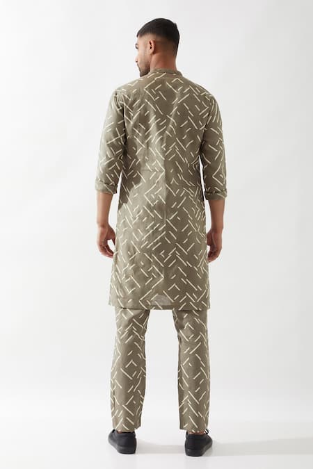 Shop Son Of A Noble Snob Olive Green Linen Applique Printed Kurta Set at Aza Fashions Shop_Son Of A Noble Snob_Olive Green Linen Applique Printed Kurta Set _at_Aza_Fashions