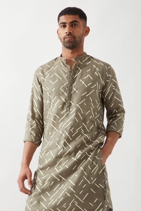 Shop Son Of A Noble Snob Olive Green Linen Applique Printed Kurta Set Online at Aza Fashions Shop_Son Of A Noble Snob_Olive Green Linen Applique Printed Kurta Set _Online_at_Aza_Fashions
