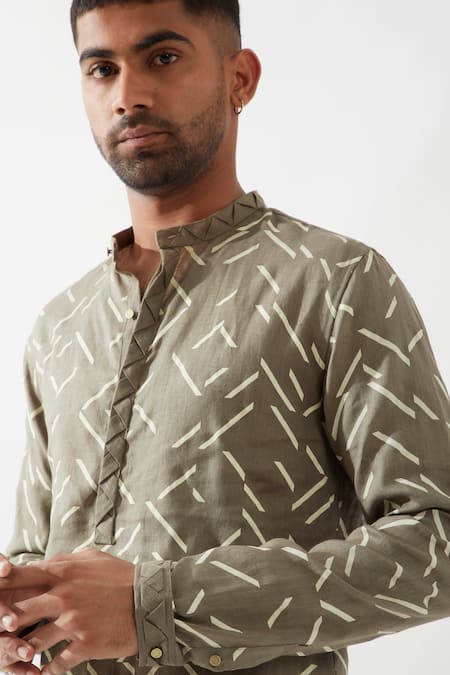 Buy Son Of A Noble Snob Olive Green Linen Applique Printed Kurta Set Buy_Son Of A Noble Snob_Olive Green Linen Applique Printed Kurta Set