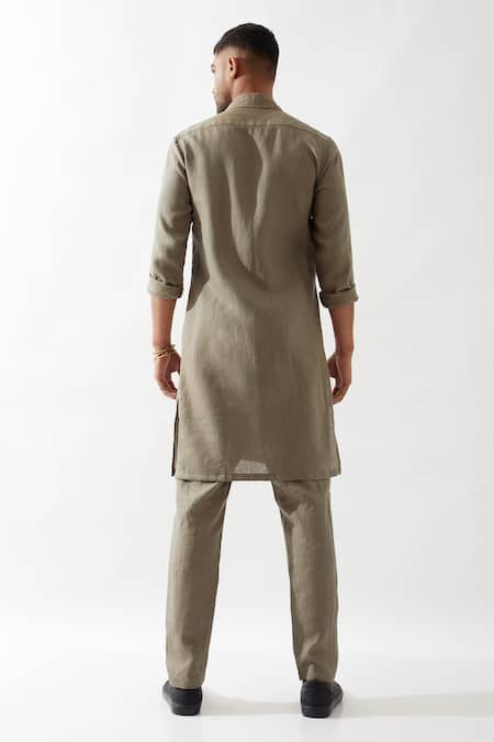 Shop Son Of A Noble Snob Olive Green Linen Slim Fit Kurta And Trouser Set at Aza Fashions Shop_Son Of A Noble Snob_Olive Green Linen Slim Fit Kurta And Trouser Set _at_Aza_Fashions