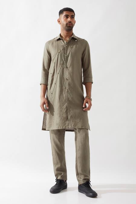 Shop Son Of A Noble Snob Olive Green Linen Slim Fit Kurta And Trouser Set Online at Aza Fashions Shop_Son Of A Noble Snob_Olive Green Linen Slim Fit Kurta And Trouser Set _Online_at_Aza_Fashions