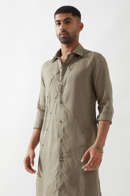 Son Of A Noble Snob Olive Green Linen Slim Fit Kurta And Trouser Set at Aza Fashions Son Of A Noble Snob_Olive Green Linen Slim Fit Kurta And Trouser Set _at_Aza_Fashions