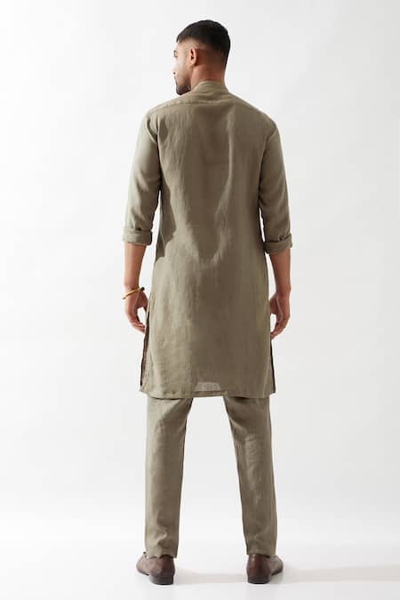 Shop Son Of A Noble Snob Olive Green Linen Kaden Kurta Set at Aza Fashions Shop_Son Of A Noble Snob_Olive Green Linen Kaden Kurta Set _at_Aza_Fashions