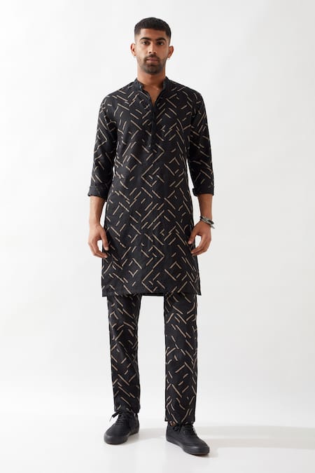 Son Of A Noble Snob Black Linen Applique Printed Slim Fit Kurta Set at Aza Fashions Son Of A Noble Snob_Black Linen Applique Printed Slim Fit Kurta Set _at_Aza_Fashions