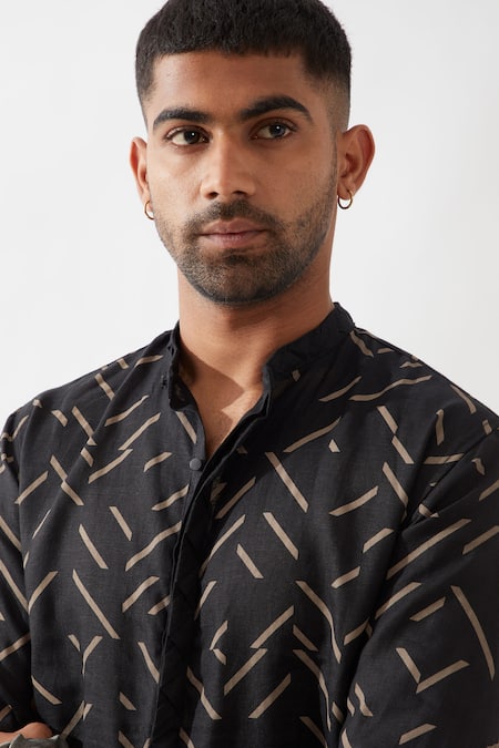 Shop Son Of A Noble Snob Black Linen Applique Printed Slim Fit Kurta Set Shop_Son Of A Noble Snob_Black Linen Applique Printed Slim Fit Kurta Set