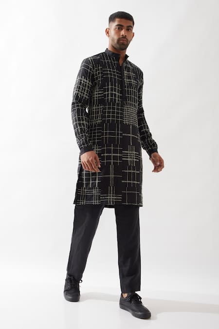 Son of A Noble Snob Black Linen Embroidery Hand Kurta Set 