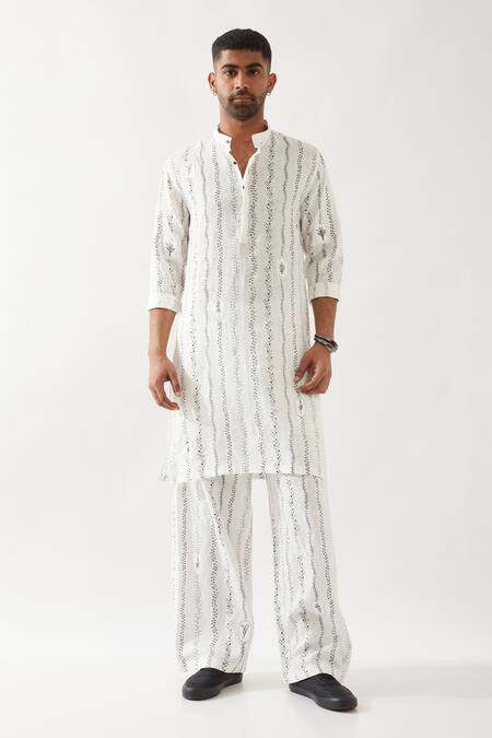 Shop_Son Of A Noble Snob_White Linen Embroidery Printed Slim Fit Kurta _Online_at_Aza_Fashions