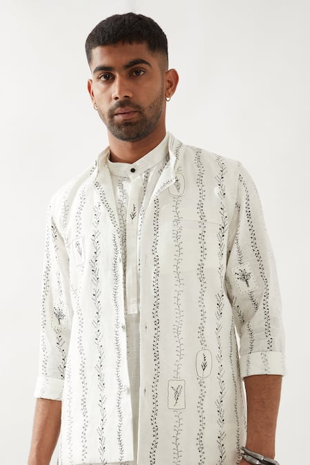Son Of A Noble Snob White Linen Madox Vine Printed Bundi Online at Aza Fashions Son Of A Noble Snob_White Linen Madox Vine Printed Bundi _Online_at_Aza_Fashions
