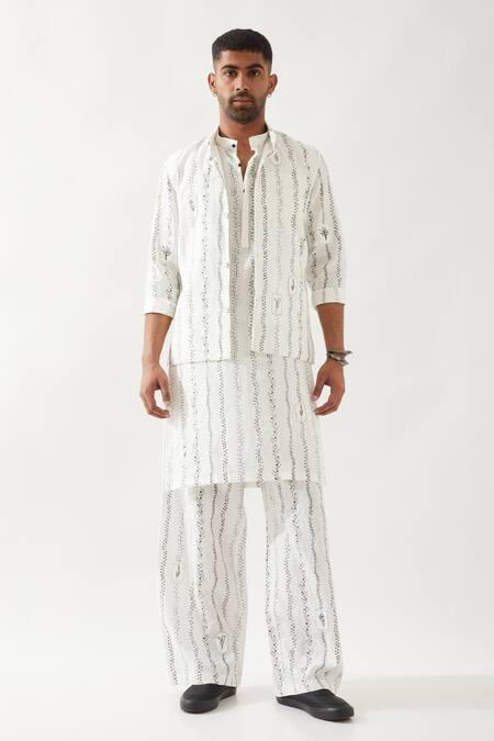 Son Of A Noble Snob White Linen Madox Vine Printed Bundi at Aza Fashions Son Of A Noble Snob_White Linen Madox Vine Printed Bundi _at_Aza_Fashions
