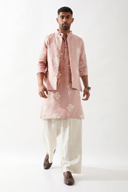Son of A Noble Snob Pink Linen Embroidery Printed Bundi 