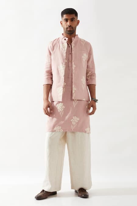 Buy Son Of A Noble Snob Pink Linen Embroidery Printed Bundi Online at Aza Fashions Buy_Son Of A Noble Snob_Pink Linen Embroidery Printed Bundi _Online_at_Aza_Fashions