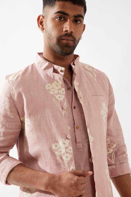 Shop Son Of A Noble Snob Pink Linen Embroidery Printed Bundi Online at Aza Fashions Shop_Son Of A Noble Snob_Pink Linen Embroidery Printed Bundi _Online_at_Aza_Fashions