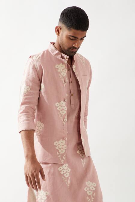 Son Of A Noble Snob Pink Linen Embroidery Printed Bundi at Aza Fashions Son Of A Noble Snob_Pink Linen Embroidery Printed Bundi _at_Aza_Fashions