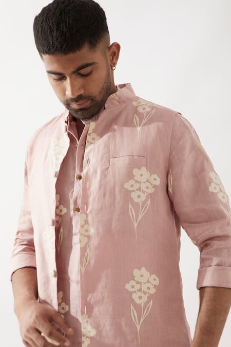 Shop Son Of A Noble Snob Pink Linen Embroidery Printed Bundi Shop_Son Of A Noble Snob_Pink Linen Embroidery Printed Bundi