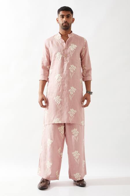 Buy Son Of A Noble Snob Pink Linen Slim Fit Floral Print Kurta Online at Aza Fashions Buy_Son Of A Noble Snob_Pink Linen Slim Fit Floral Print Kurta _Online_at_Aza_Fashions