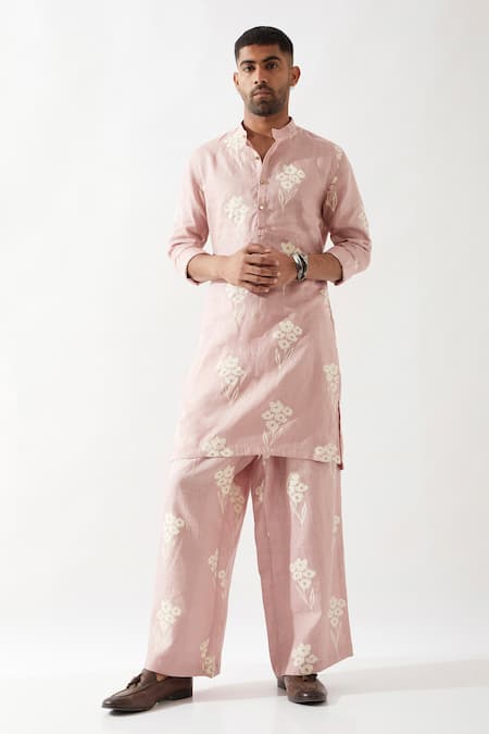 Son of A Noble Snob Pink Linen Slim Fit Floral Print Kurta 