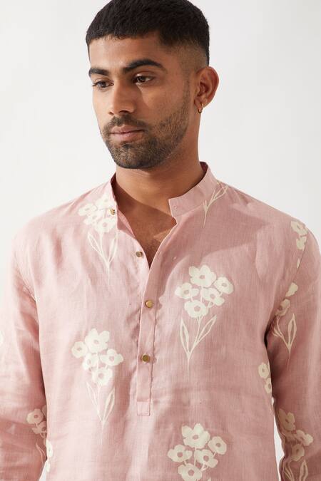 Shop Son Of A Noble Snob Pink Linen Slim Fit Floral Print Kurta Online at Aza Fashions Shop_Son Of A Noble Snob_Pink Linen Slim Fit Floral Print Kurta _Online_at_Aza_Fashions