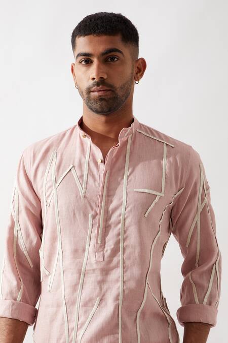 Son Of A Noble Snob_Pink Linen Applique Textured Slim Fit Kurta _Online_at_Aza_Fashions