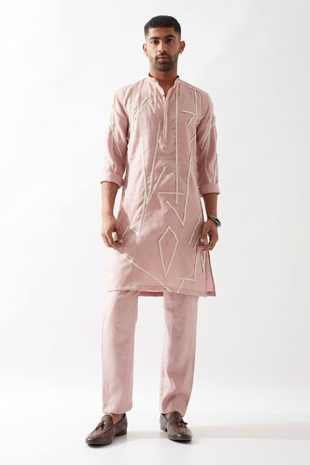 Buy_Son Of A Noble Snob_Pink Linen Applique Textured Slim Fit Kurta _Online_at_Aza_Fashions