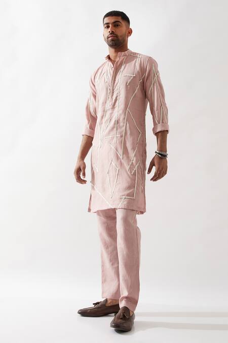 Son Of A Noble Snob_Pink Linen Applique Textured Slim Fit Kurta _at_Aza_Fashions
