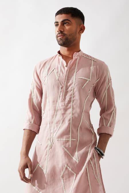 Shop_Son Of A Noble Snob_Pink Linen Applique Textured Slim Fit Kurta 