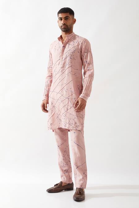 Buy Son Of A Noble Snob Pink Linen Slim Fit Printed Kurta Online at Aza Fashions Buy_Son Of A Noble Snob_Pink Linen Slim Fit Printed Kurta _Online_at_Aza_Fashions