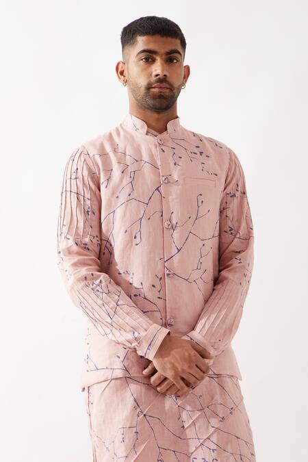 Son Of A Noble Snob Pink Linen Madox Branch Printed Bundi at Aza Fashions Son Of A Noble Snob_Pink Linen Madox Branch Printed Bundi _at_Aza_Fashions