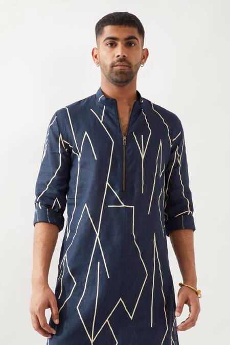 Buy_Son Of A Noble Snob_Navy Linen Slim Fit Printed Kurta _Online_at_Aza_Fashions