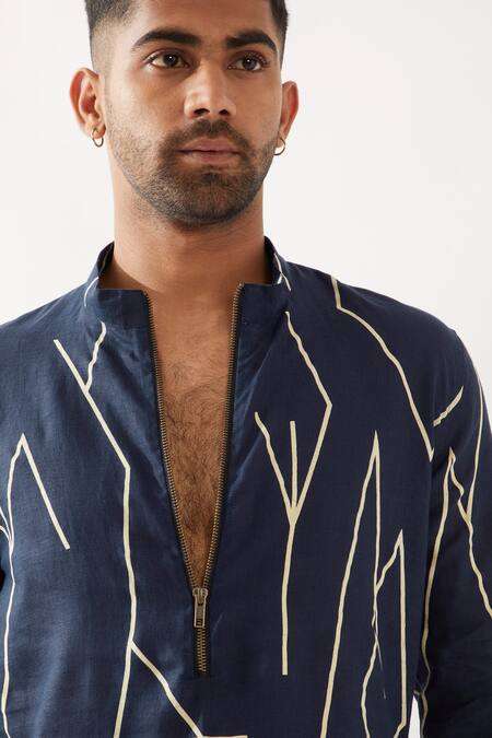 Shop_Son Of A Noble Snob_Navy Linen Slim Fit Printed Kurta 