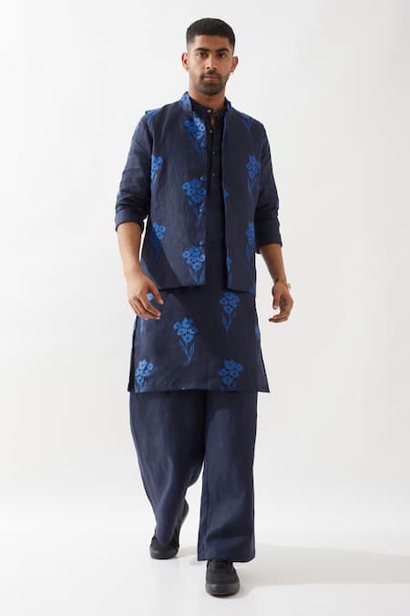 Son of A Noble Snob Navy Linen Embroidery Floral Printed Bundi Jacket 