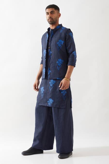 Son Of A Noble Snob Navy Linen Embroidery Floral Printed Bundi Jacket Online at Aza Fashions Son Of A Noble Snob_Navy Linen Embroidery Floral Printed Bundi Jacket _Online_at_Aza_Fashions