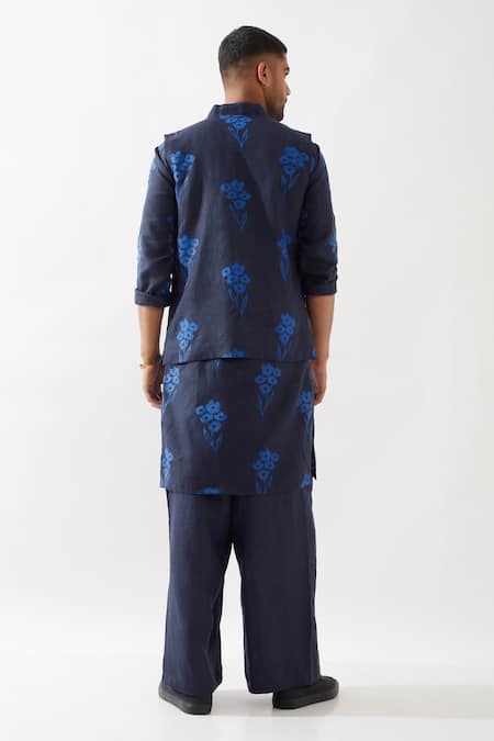 Shop Son Of A Noble Snob Navy Linen Embroidery Floral Printed Bundi Jacket at Aza Fashions Shop_Son Of A Noble Snob_Navy Linen Embroidery Floral Printed Bundi Jacket _at_Aza_Fashions