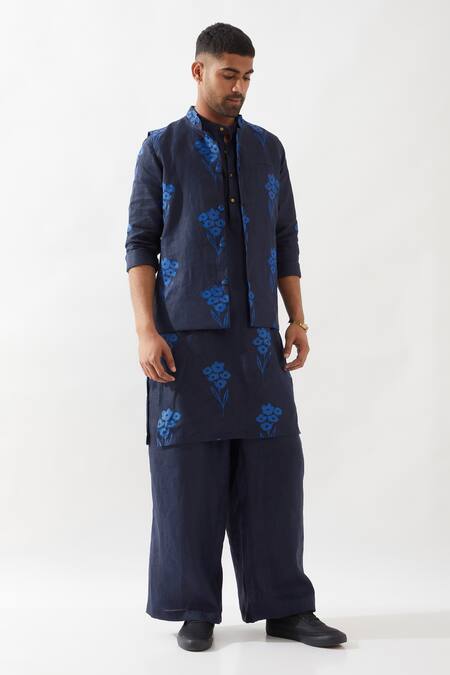 Buy Son Of A Noble Snob Navy Linen Embroidery Floral Printed Bundi Jacket Online at Aza Fashions Buy_Son Of A Noble Snob_Navy Linen Embroidery Floral Printed Bundi Jacket _Online_at_Aza_Fashions