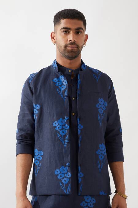 Shop Son Of A Noble Snob Navy Linen Embroidery Floral Printed Bundi Jacket Online at Aza Fashions Shop_Son Of A Noble Snob_Navy Linen Embroidery Floral Printed Bundi Jacket _Online_at_Aza_Fashions