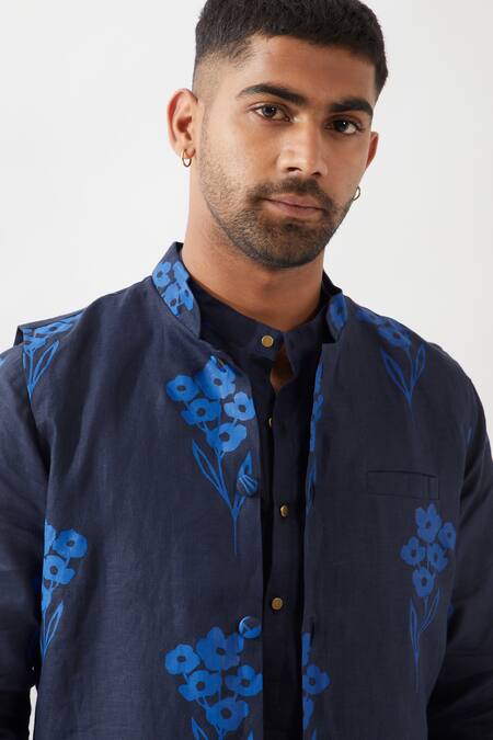 Son Of A Noble Snob Navy Linen Embroidery Floral Printed Bundi Jacket at Aza Fashions Son Of A Noble Snob_Navy Linen Embroidery Floral Printed Bundi Jacket _at_Aza_Fashions