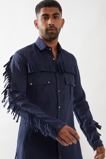 Son Of A Noble Snob_Navy Linen Eros Kurta With Tassel Details _Online_at_Aza_Fashions