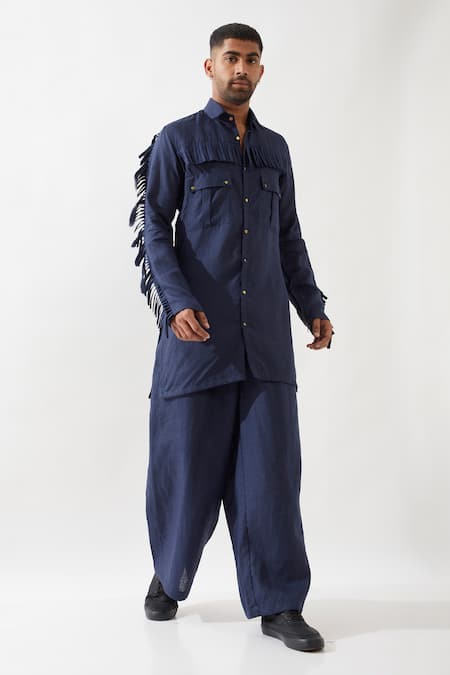 Buy_Son Of A Noble Snob_Navy Linen Eros Kurta With Tassel Details _Online_at_Aza_Fashions