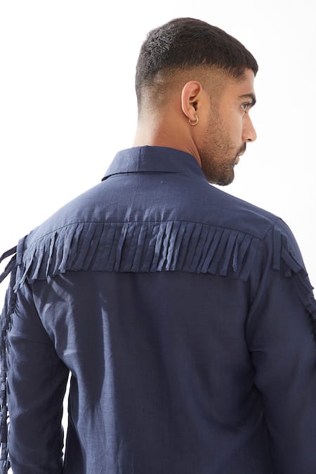 Shop_Son Of A Noble Snob_Navy Linen Eros Kurta With Tassel Details _Online_at_Aza_Fashions