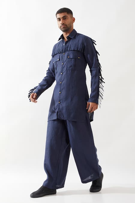 Son Of A Noble Snob_Navy Linen Eros Kurta With Tassel Details _at_Aza_Fashions