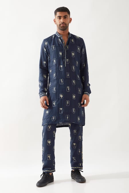 Son of A Noble Snob Navy Linen Printed Slim Fit Kurta 