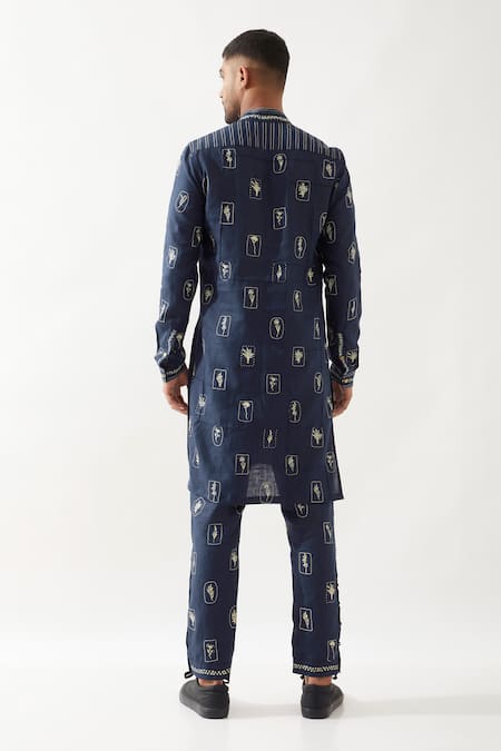 Son Of A Noble Snob Navy Printed Slim Fit Kurta 